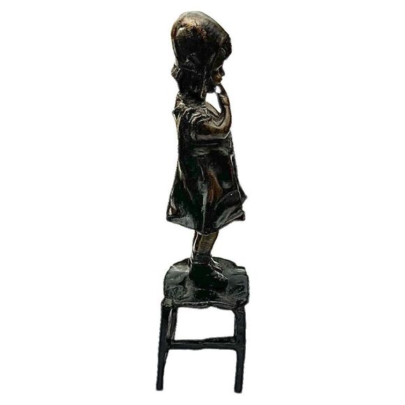 Little Girl Holding Shoe Standing On Stool Juan Clara Bronze 12” Pre-Owned - Picture 2 of 5